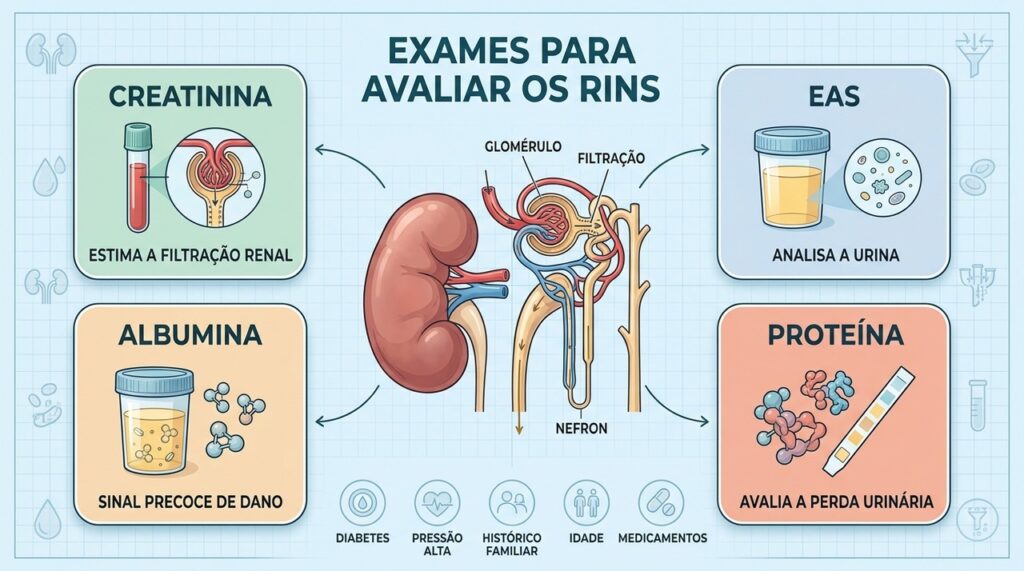 Creatinina, EAS e albumina urinária se complementam na avaliação inicial da função renal.