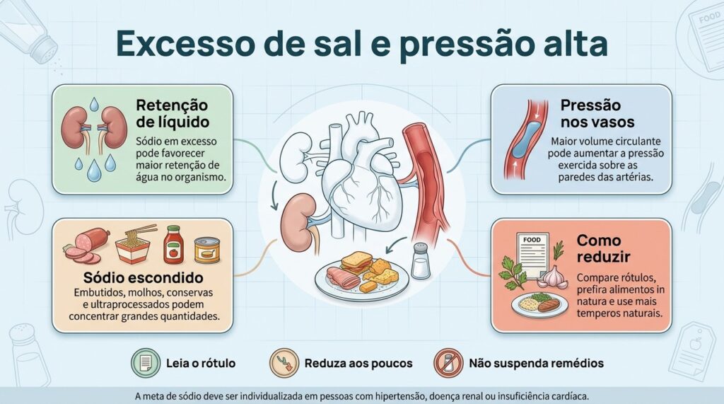 Reduzir o excesso de sódio faz parte do controle da pressão alta e inclui atenção tanto ao sal adicionado quanto aos alimentos industrializados.