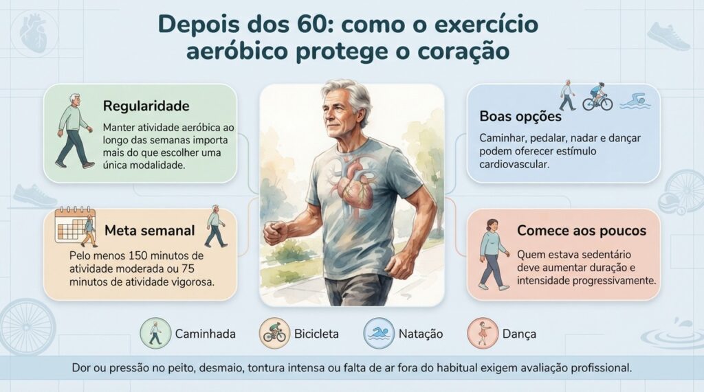 A regularidade do exercício aeróbico e a progressão gradual são pontos centrais para proteger o coração depois dos 60.