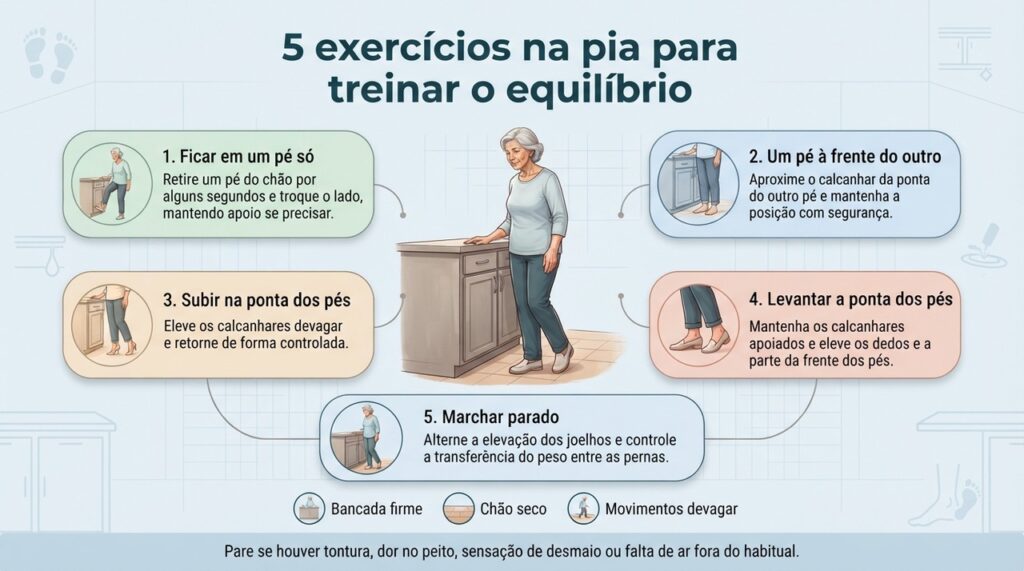 Equilíbrio, força dos tornozelos e transferência de peso podem ser treinados com movimentos simples e apoio seguro em casa.