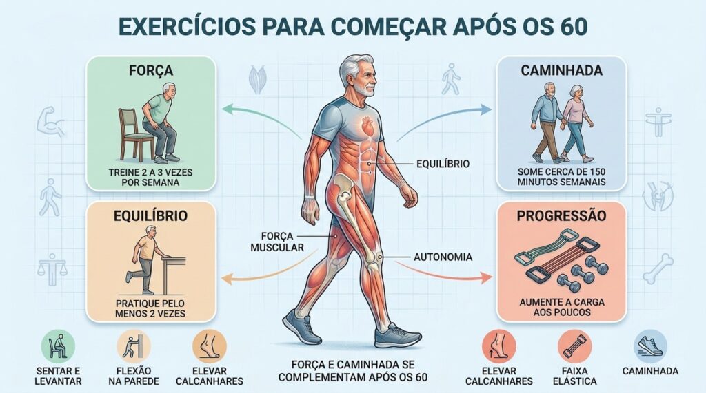Força, caminhada, equilíbrio e progressão formam uma rotina completa após os 60.