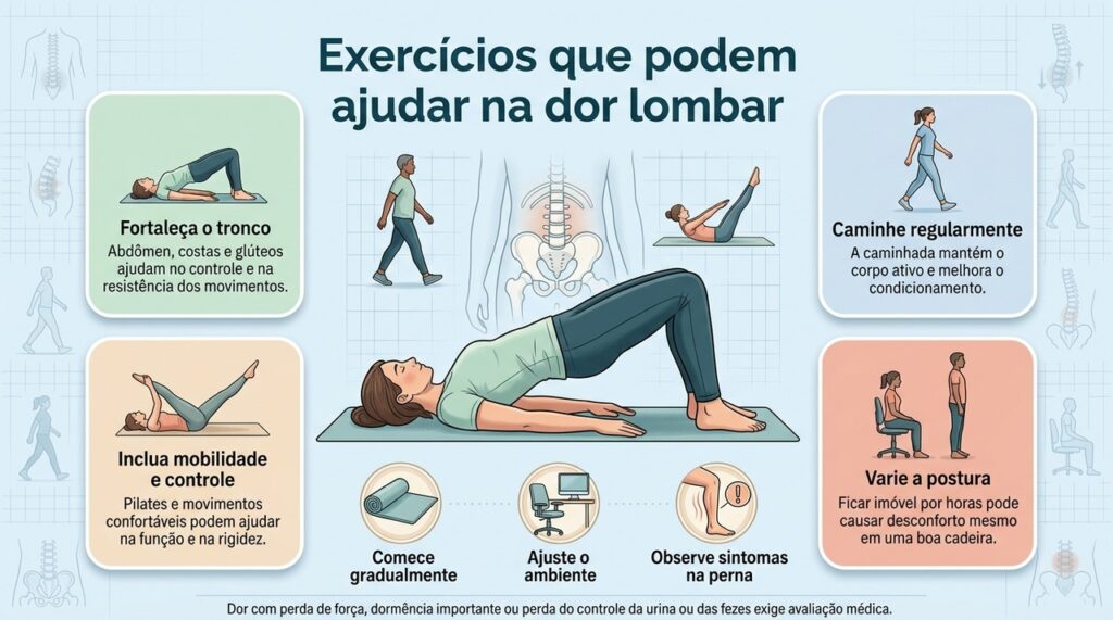 Fortalecimento, caminhada, mobilidade e variação de postura podem ajudar no cuidado da dor lombar crônica.
