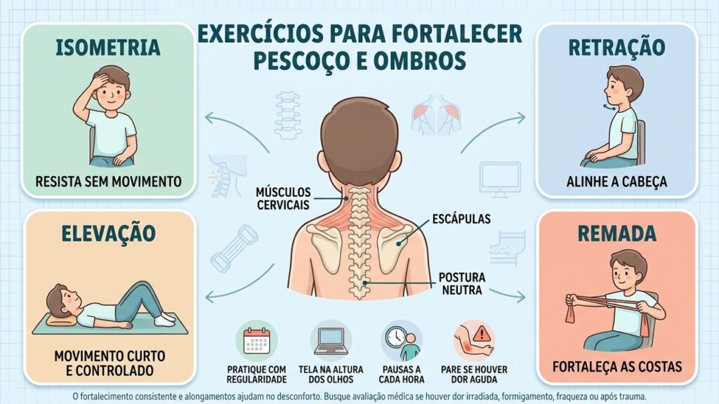 Isometria, retração do queixo e remada com elástico ajudam a fortalecer a região com controle e regularidade.
