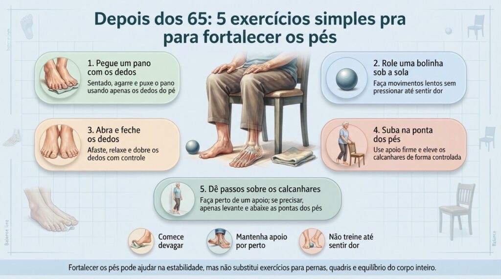 Exercícios com pano, bolinha e apoio de uma cadeira podem trabalhar pés e tornozelos de forma simples em casa.
