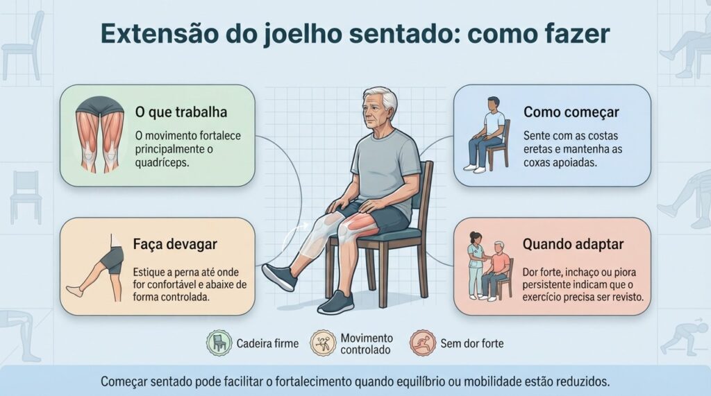 A extensão sentada pode ser um ponto de partida para fortalecer as pernas com mais estabilidade.