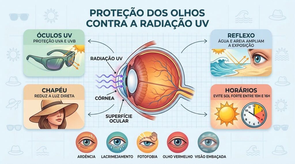 Óculos UV, chapéu e sombra ajudam a proteger a córnea da radiação solar.