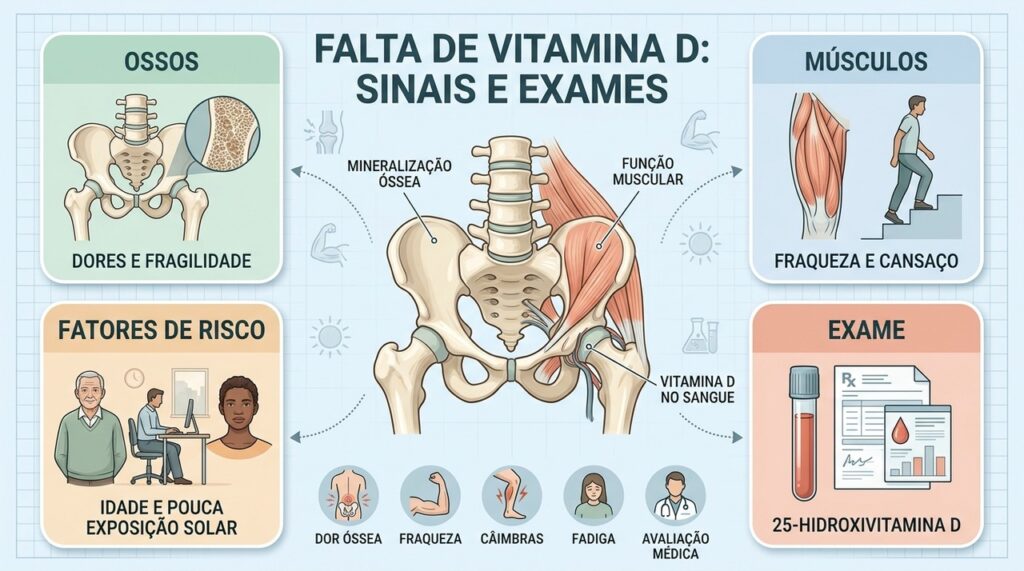 O exame de 25-hidroxivitamina D ajuda a investigar a carência associada a sintomas musculares e ósseos.