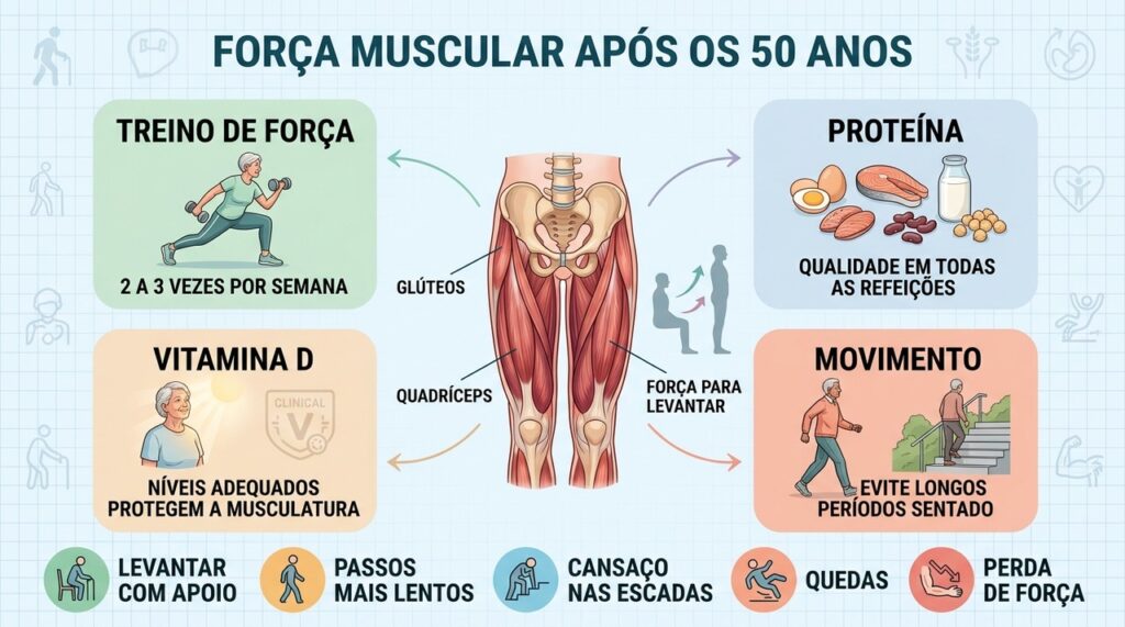 Força, proteína, vitamina D e movimento ajudam a preservar músculos e autonomia.