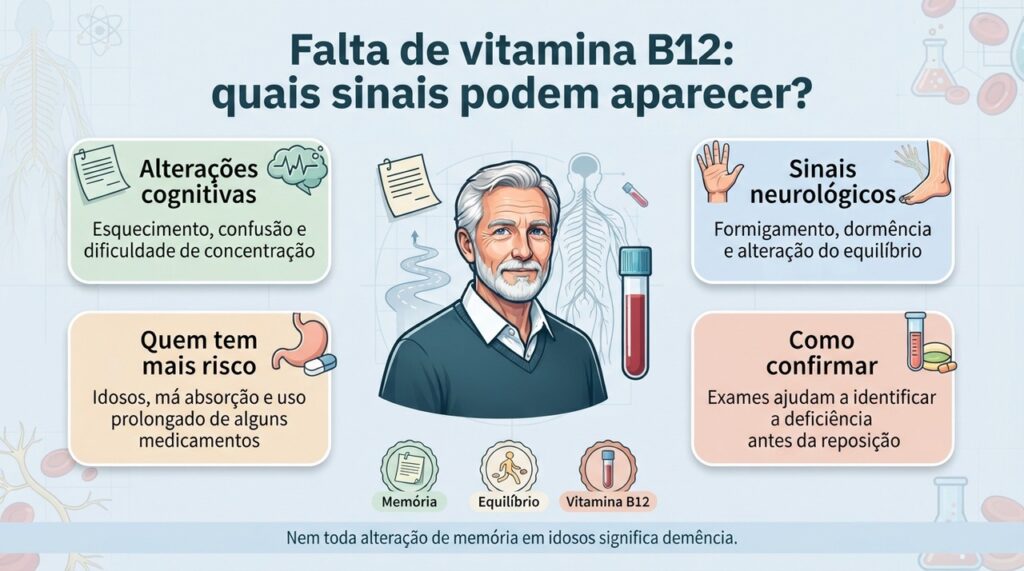 Deficiência de vitamina B12 pode imitar alguns sinais de declínio cognitivo, mas o diagnóstico depende de avaliação e exames.
