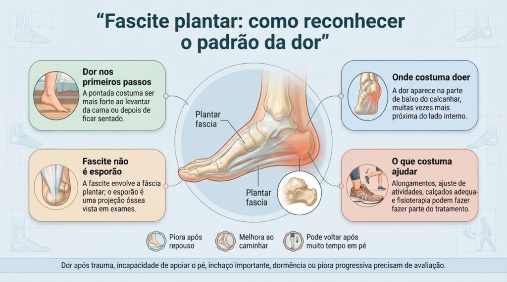 A fascite plantar costuma causar dor na parte de baixo do calcanhar, especialmente nos primeiros passos depois do repouso.