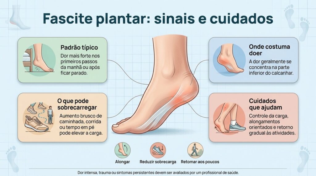 Dor nos primeiros passos, sensibilidade no calcanhar e piora após sobrecarga estão entre os sinais comuns da fascite plantar.
