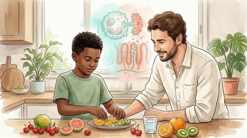 Alimentação variada, sono adequado e higiene complementam o papel da vitamina C na infância.