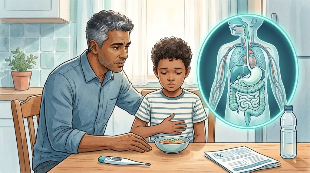 A febre persistente, apatia e recusa de líquidos podem indicar necessidade de avaliação pediátrica.
