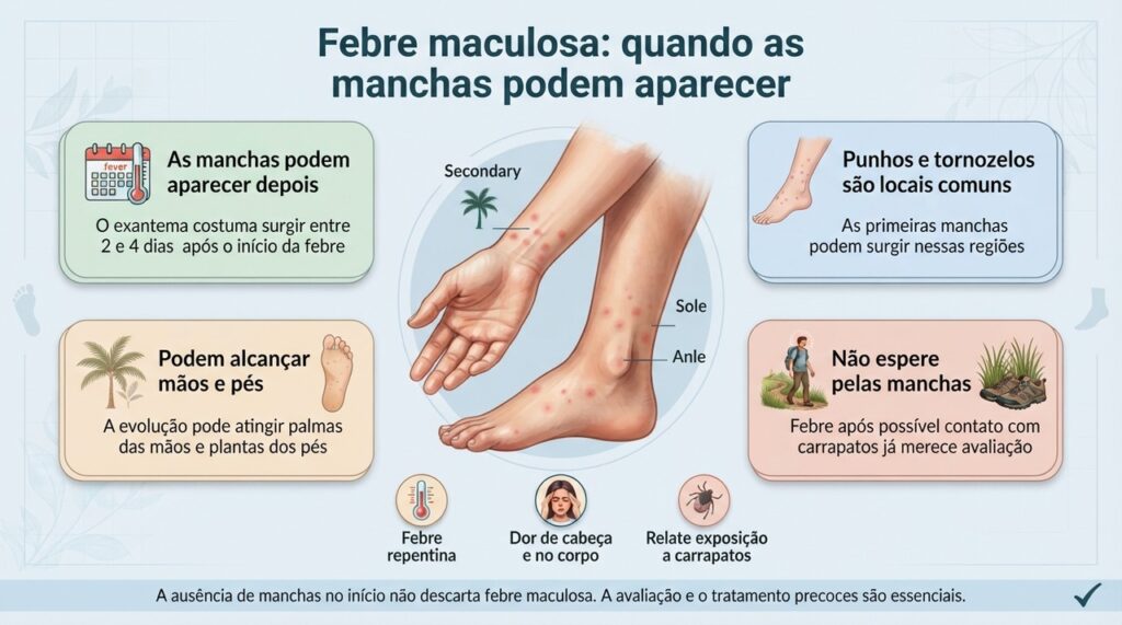 As manchas são uma pista importante, mas podem aparecer tarde ou nem estar presentes no começo da febre maculosa.