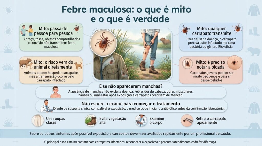 O principal risco está no contato com carrapatos infectados; reconhecer a exposição e procurar atendimento cedo faz diferença.