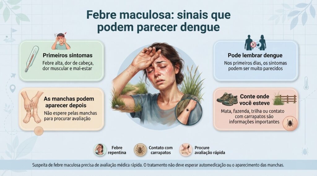 Contar ao profissional de saúde sobre contato com carrapatos ou áreas de risco pode ajudar na investigação da febre.