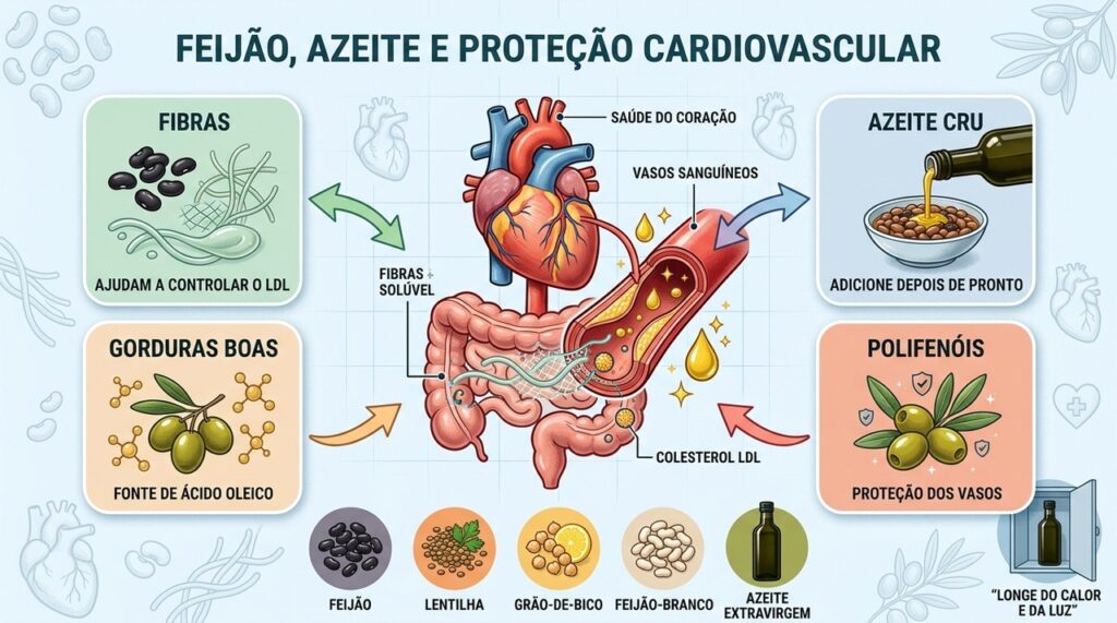 Fibras, ácido oleico e polifenóis atuam juntos na proteção cardiovascular.