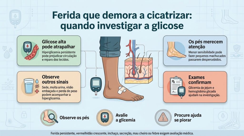 Cicatrização lenta pode ter várias causas, mas glicose alta deve ser investigada quando o problema persiste ou se repete.