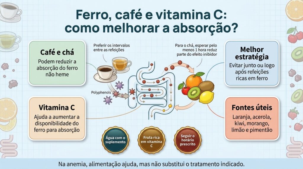 Café e chá podem dificultar a absorção do ferro, enquanto a vitamina C pode ajudar no aproveitamento do mineral.