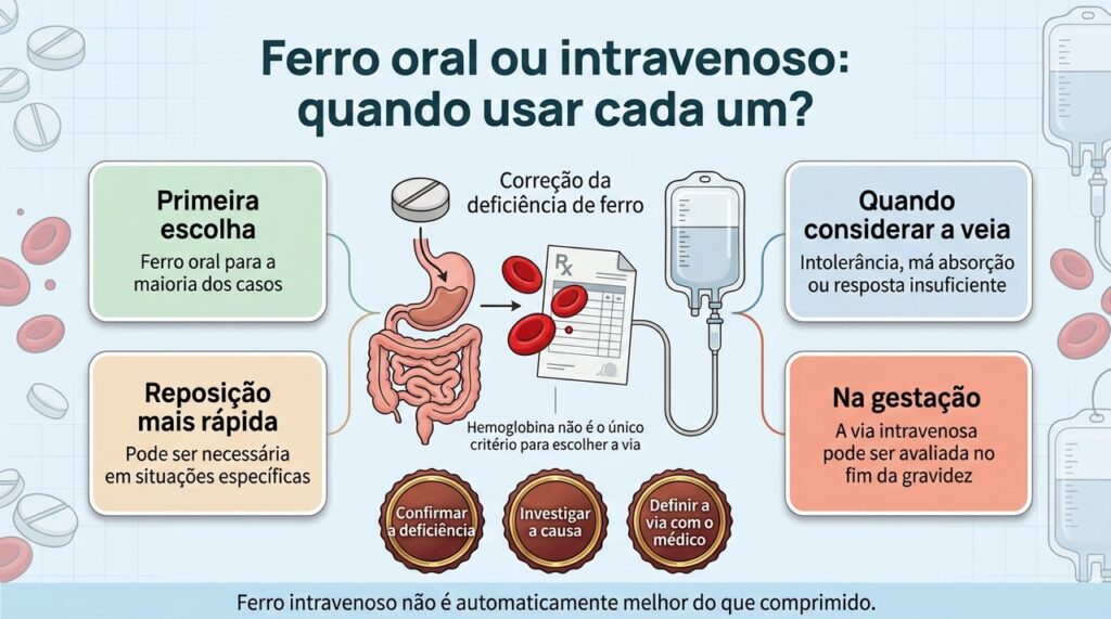 O ferro oral atende muitos casos, enquanto a reposição intravenosa é indicada quando há razões clínicas específicas.
