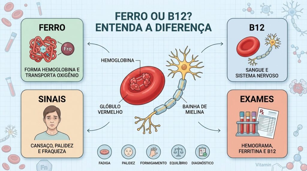 Hemograma, ferritina e B12 ajudam a diferenciar causas e orientar o tratamento da anemia.