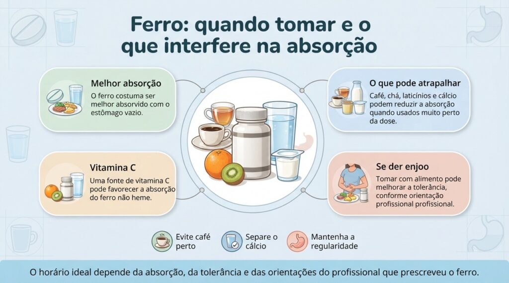 A absorção do ferro depende do horário, do que é consumido perto da dose e da tolerância de cada pessoa.