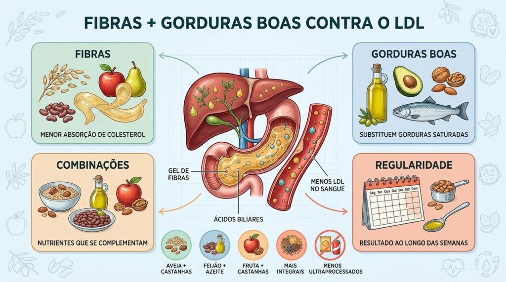 Fibras e gorduras insaturadas atuam por mecanismos complementares no controle do colesterol.