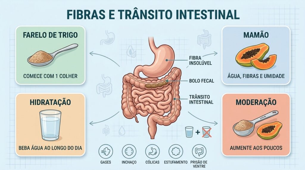 Fibra gradual, mamão e hidratação ajudam o intestino sem sobrecarregar a digestão.
