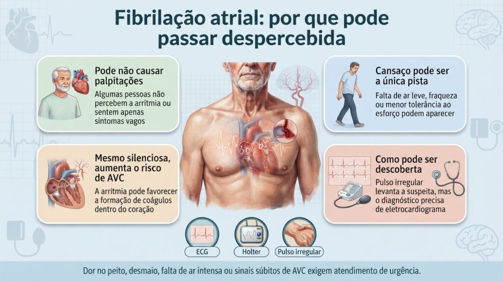 A fibrilação atrial pode ser silenciosa e ainda assim aumentar o risco de coágulos e AVC.