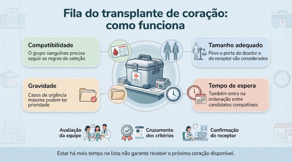 A fila do transplante cardíaco combina compatibilidade, gravidade, características do doador e tempo de espera.