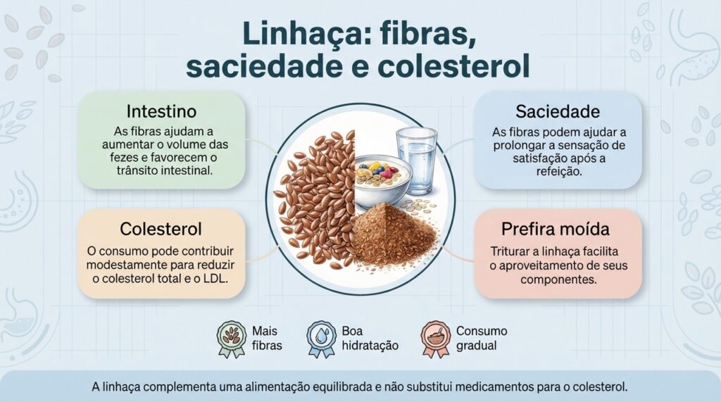 A linhaça pode contribuir para o intestino, a saciedade e o colesterol quando faz parte de uma alimentação equilibrada.
