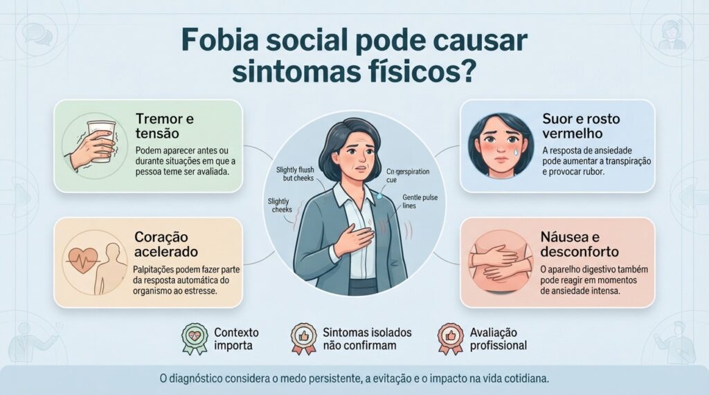 Os sintomas físicos fazem parte da resposta de ansiedade, mas sozinhos não permitem diagnosticar fobia social.