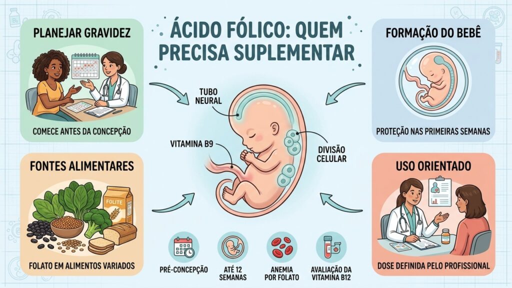 Planejamento gestacional, alimentação rica em folato e orientação profissional ajudam a definir quando suplementar.