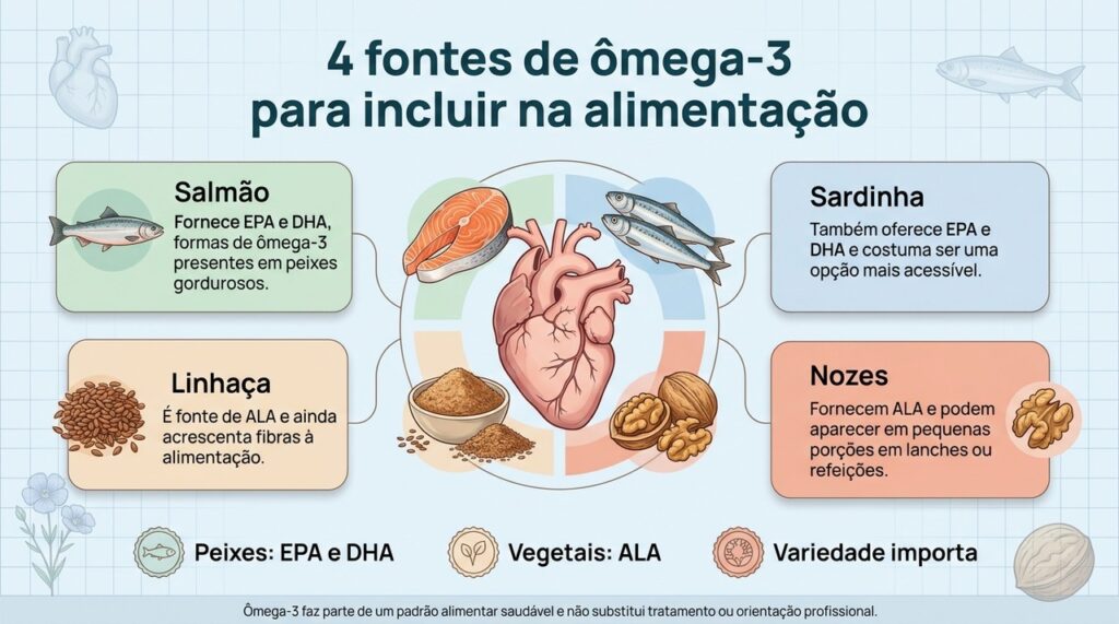 Combinar peixes, sementes e oleaginosas amplia as fontes de ômega-3 na dieta sem depender de um único alimento.
