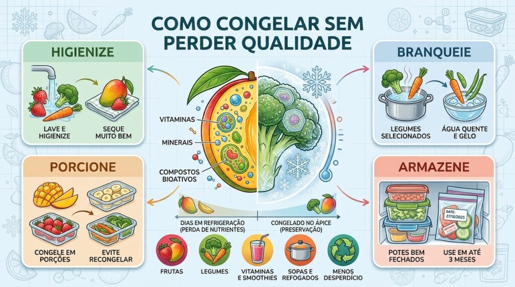 Higienizar, branquear, porcionar e armazenar corretamente preserva melhor alimentos congelados.
