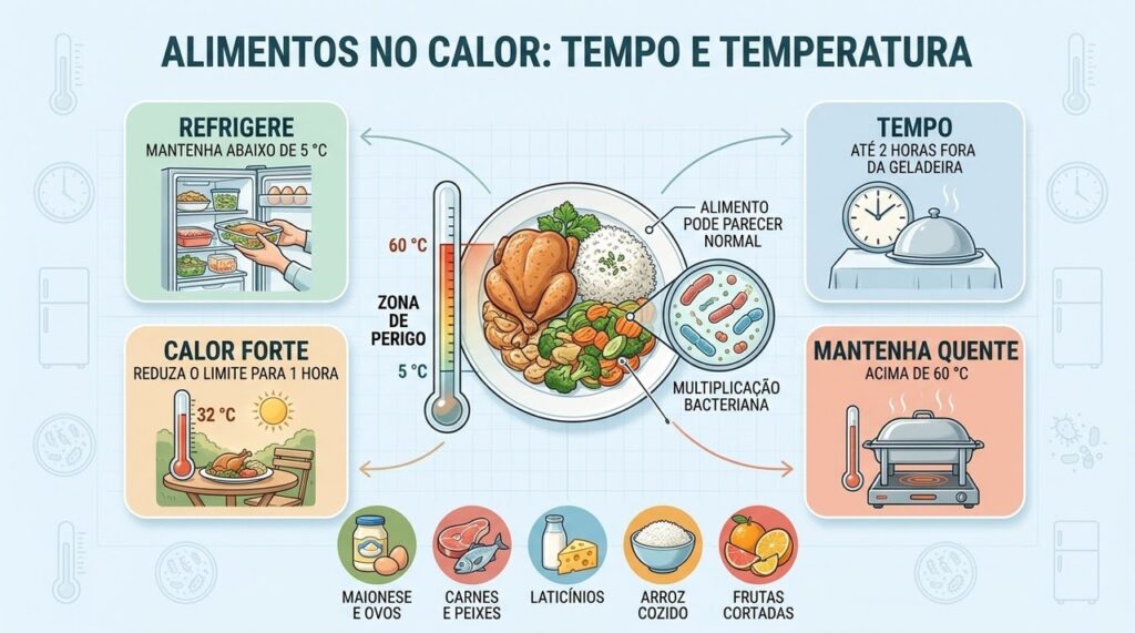 Tempo e temperatura determinam a velocidade de multiplicação bacteriana nos alimentos.
