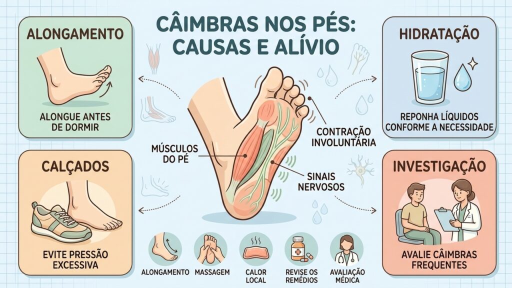 Conheça as causas das câimbras nos pés, medidas de alívio e sinais que merecem avaliação médica.