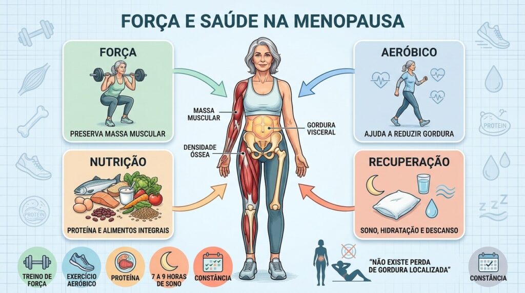 Força, aeróbico, nutrição e recuperação atuam juntos na composição corporal feminina.