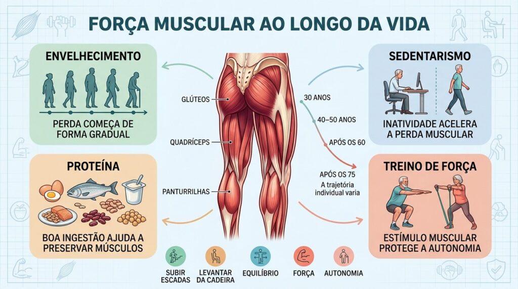 Envelhecimento e sedentarismo aceleram perdas, enquanto proteína e exercício preservam a musculatura.