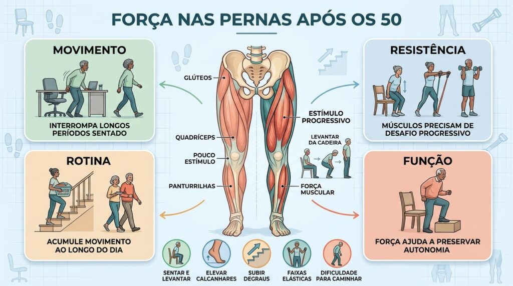 Movimento, resistência, rotina ativa e função ajudam a proteger a força das pernas.