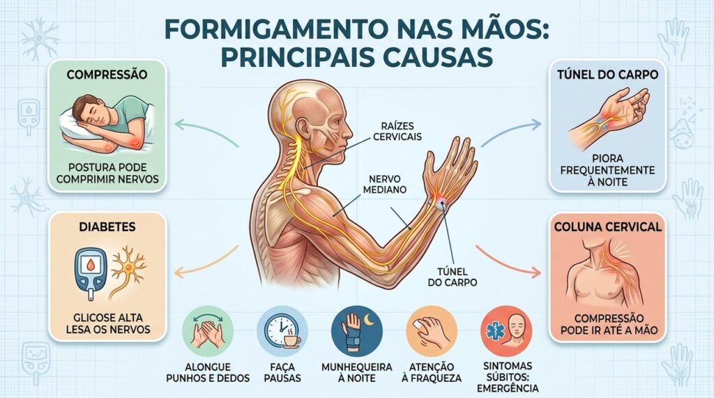 Compressão, diabetes, túnel do carpo e coluna cervical estão entre as principais causas.