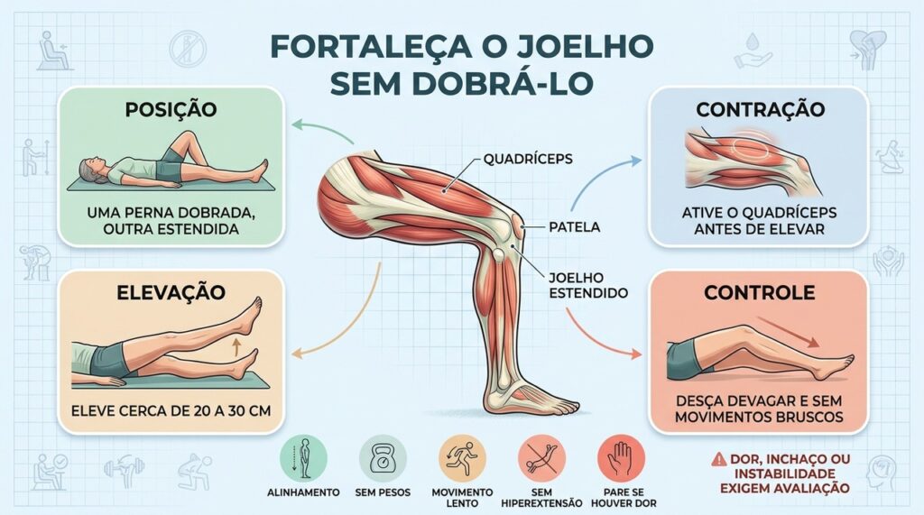 Posição, contração, elevação e controle formam a sequência da perna estendida.