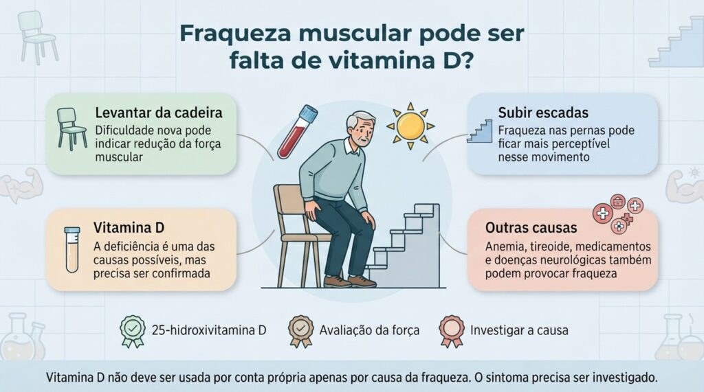 Fraqueza persistente pode ter várias causas, e o exame de vitamina D só faz sentido dentro de uma investigação clínica.