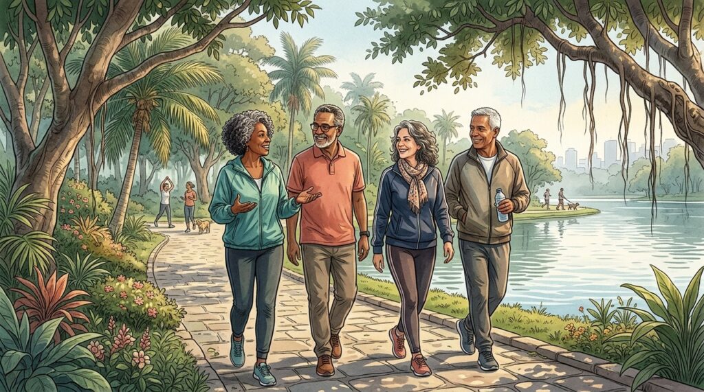 Caminhadas e vínculos sociais ativos contribuem para um envelhecimento cerebral saudável.