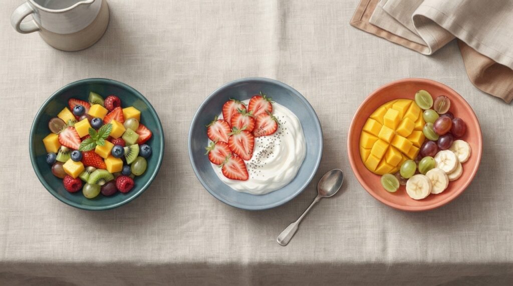 Salada de frutas, morango com iogurte e frutas geladas ajudam a variar a sobremesa com menos açúcar adicionado.