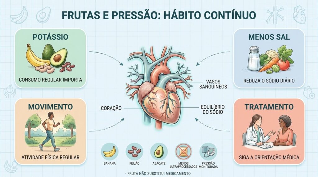 Potássio, redução do sal, movimento e tratamento médico atuam juntos no controle da pressão arterial.