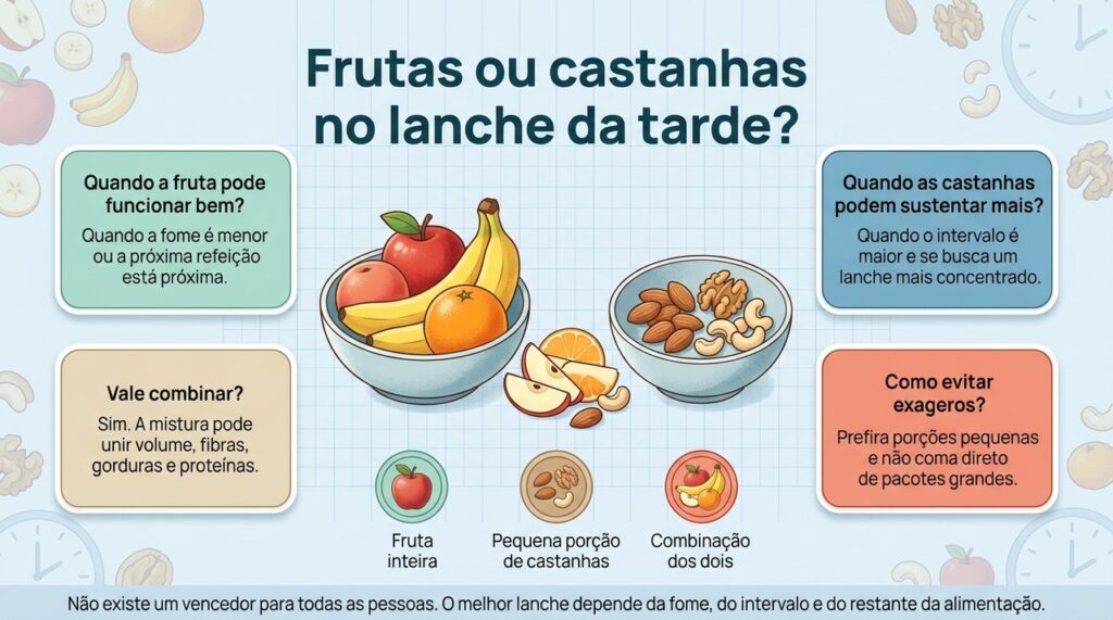 Frutas oferecem mais volume e água, enquanto castanhas concentram gorduras, proteínas e energia em menor porção.