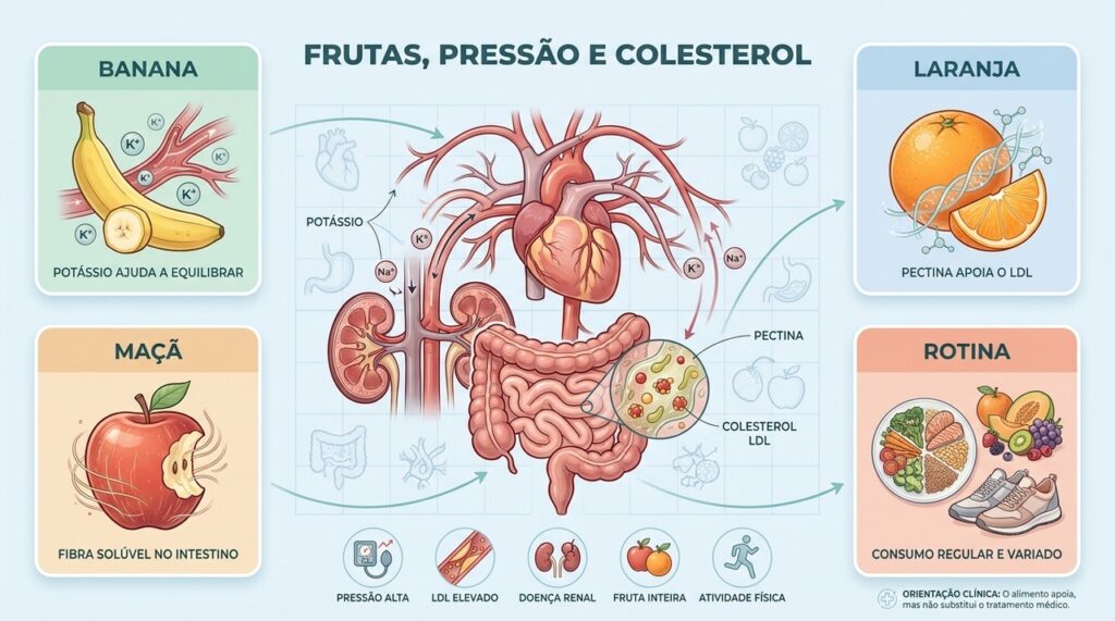 Banana atua no potássio, enquanto maçã e laranja fornecem fibras que ajudam no LDL.
