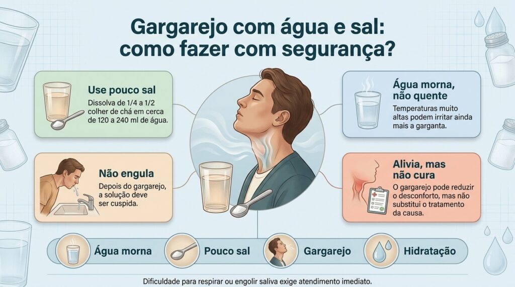 O gargarejo com água morna e sal é uma medida de conforto e não substitui avaliação quando há sinais de alerta.
