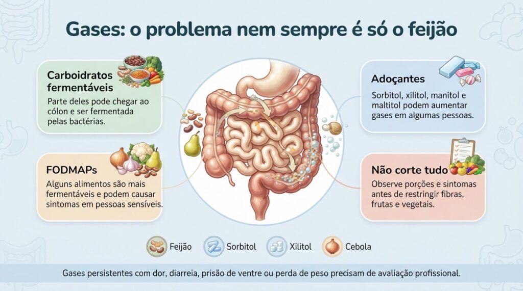 A formação de gases depende do tipo de carboidrato, da quantidade consumida e da sensibilidade individual.